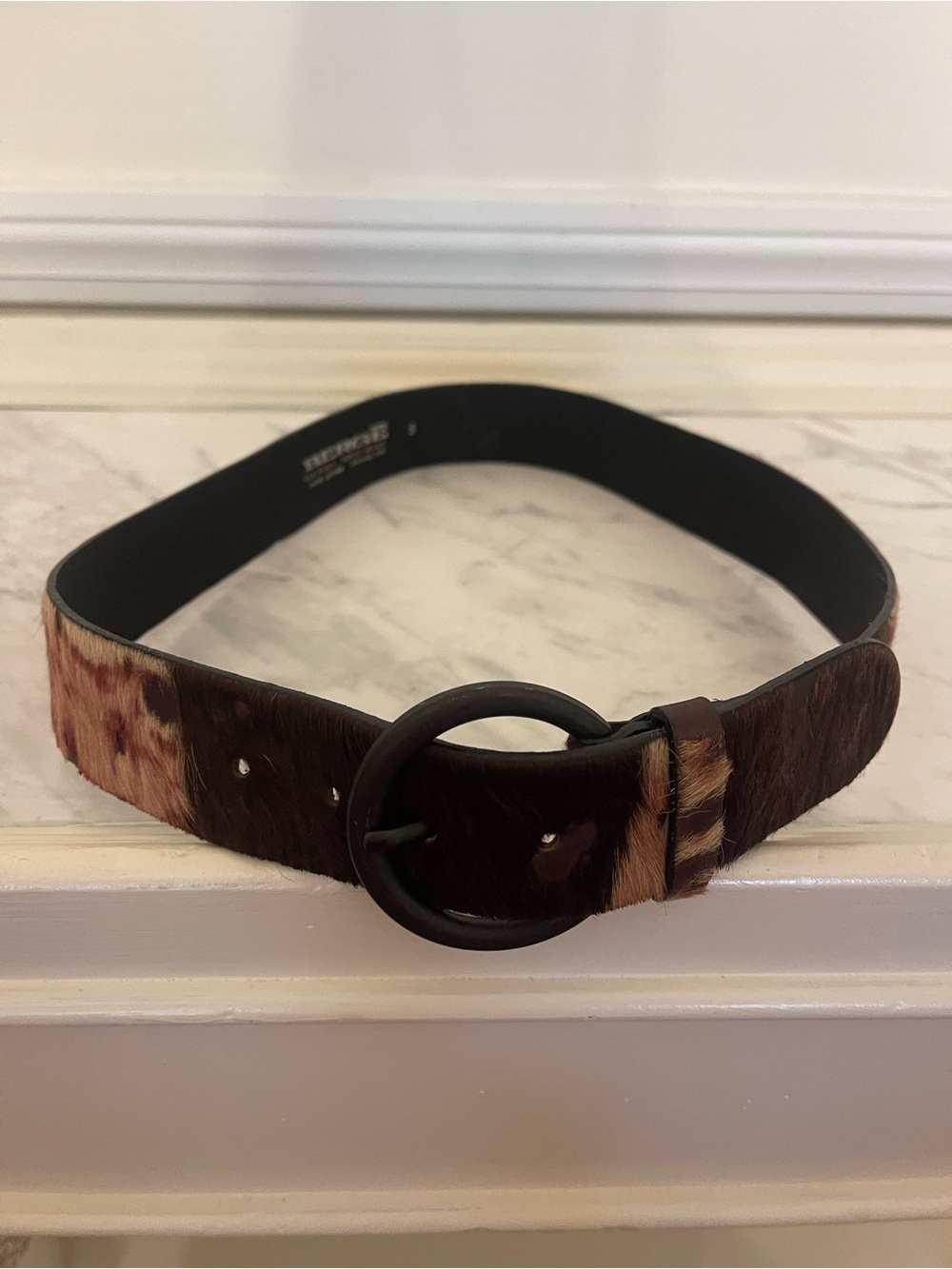 Genuine Calf Hair Circle Buckle Belt in Brown